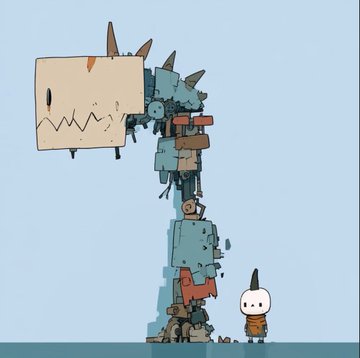 A cartoon illustration of a tall, mechanical robot-like creature with spikes and a jagged mouth standing next to a small, simple character with a pointed head.