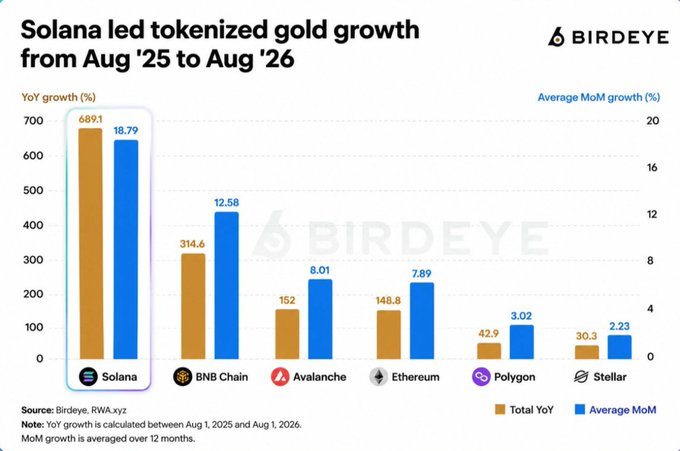 This bar chart from Bird.eye shows Solana leading tokenized gold growth from August 2025 to August 2026 with 689.1% YoY growth, significantly outperforming BNB Chain, Avalanche, Ethereum, Polygon, and Stellar. The chart displays both Total YoY and Average MoM growth percentages for tokenized gold across different blockchains.