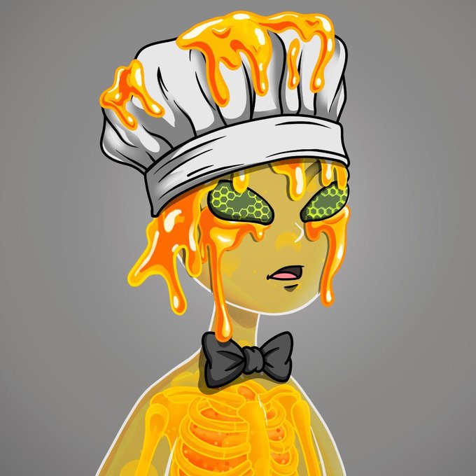 A digital illustration of a pale, skeletal figure wearing a chef's hat, with orange honey-like liquid dripping down its face, green honeycomb-patterned eyes, and a black bow tie.
