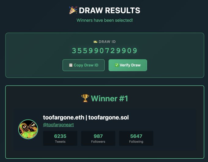 A "Draw Results" screen announces a winner, with the Draw ID "355990729909" displayed at the top. The winner is "toofargone.eth | toofargone.sol" (@toofargoneart), who has 6,235 Tweets, 987 Followers, and 5,647 Following, matching the post celebrating their win of a Mew card.