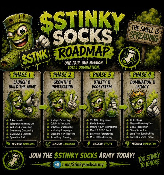 A promotional roadmap infographic for the "$STINKY SOCKS" ($STNK) meme coin, featuring a cartoon sock mascot with a face, outlining four development phases: Phase 1 (Launch & Build the Army—Token Launch, Telegram/Website/Socials, Giveaways), Phase 2 (Growth & Infiltration—Strategic Partnerships, Influencer Onboarding, Army Expansion), Phase 3 (Utility & Ecosystem—Holder Rewards, Staking, NFT Collection), and Phase 4 (Domination & Legacy—CEX Listings, Global Recognition), with a Telegram link (t.me/Stinkysocksarmy) and the tagline "The Smell is Spreading" encouraging investors not to miss the launch, echoing the post's urgent HODL messaging.