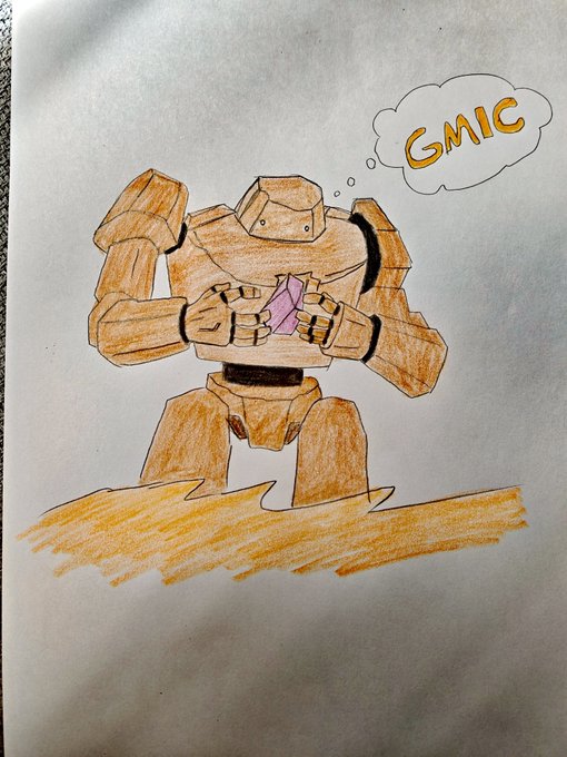 A hand-drawn illustration of a brown mech robot holding a pink gem, with a thought bubble containing the text "GMIC"—a likely reference to GMIC (Game/Mining/Init Coin or similar crypto token) being the object of the robot's contemplation. The post tags suggest this is part of a community engagement piece tied to the Seismic ecosystem and related crypto projects.