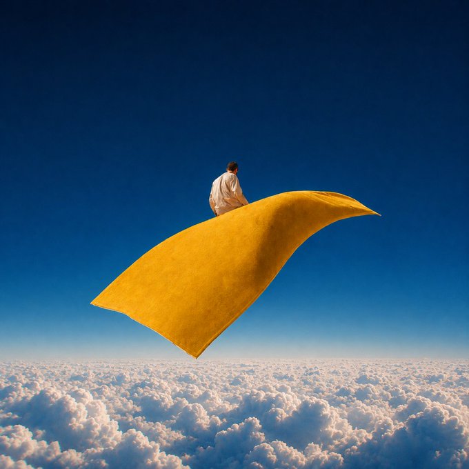 A figure in white clothing floats above a sea of clouds, seated on a sweeping yellow carpet-like sail against a clear blue sky—visually echoing the post's sentiment of soaring on the wind into a new month.