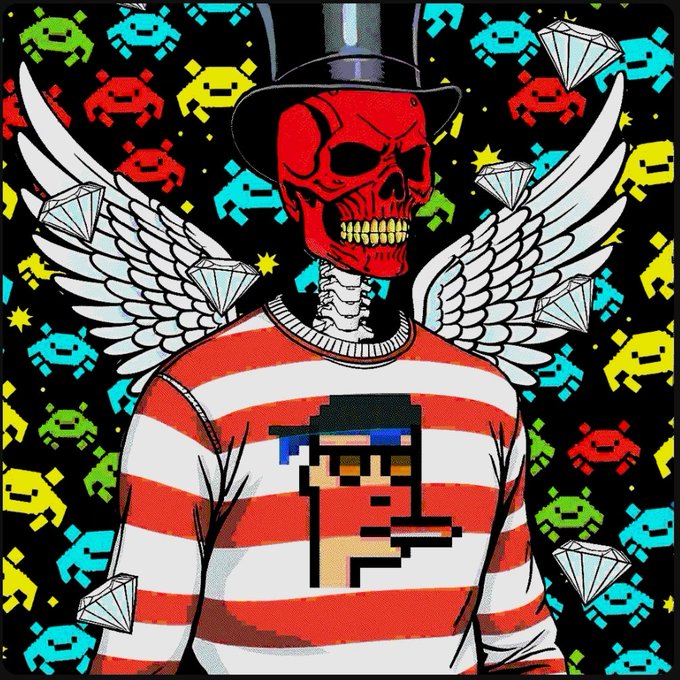 A colorful pop-art illustration of a red skull wearing a black top hat and a red-and-white striped shirt with a pixelated face design, set against a black background filled with retro arcade game invaders and diamonds.