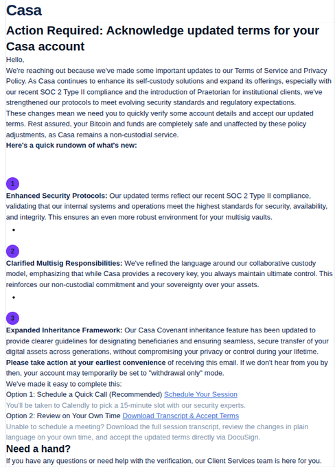 A screenshot of an email from Casa requesting acknowledgment of updated terms of service, highlighting enhanced security protocols, clarified multisig responsibilities, and an expanded inheritance framework.