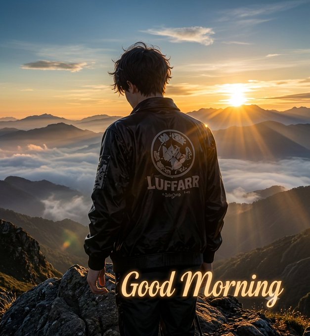The image features a man standing at the top of a mountain with a beautiful sunrise behind him. The sun's rays are shining down on him, creating a warm glow that illuminates his surroundings. He is wearing a black jacket, which contrasts nicely against the backdrop of the mountains and the sky. In front of him, there is a rock formation that adds to the picturesque scenery. The image also contains text that reads "Good morning $RIVER is evolving into a complete cross-chain liquidity and rewards ecosystem built around real usage, not passive holding From staking $RIVER to minting satUSD and earning River Points through @River4fun". This message seems to be related to the post about Good Morning river.