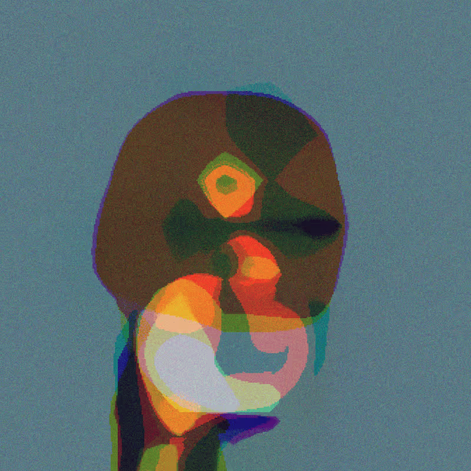 An abstract digital artwork featuring a surreal, blocky figure in earthy tones against a blue backdrop, with a glowing green eye and colorful, pixelated distortions.