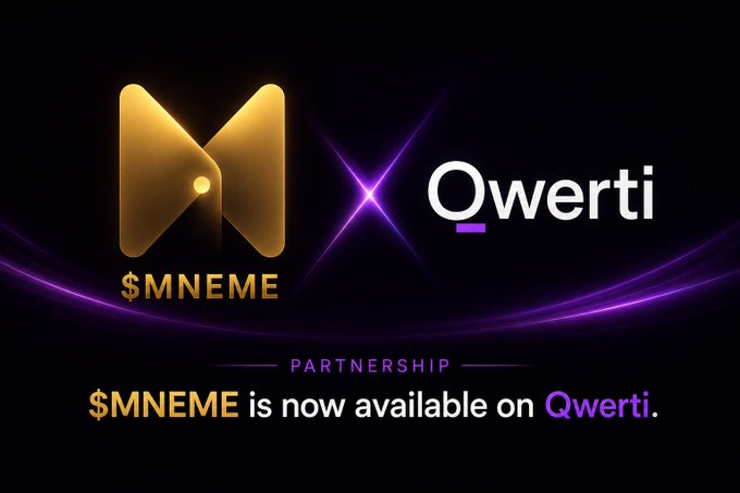 The image features an advertisement for Qwerti, which is a company that specializes in creating artificial intelligence agents. The ad showcases two logos - one representing Qwerti and the other representing $MNEME, a company that provides data storage services specifically designed for AI agents. The text on the image highlights how Qwerti has just welcomed @mnemeDB into their ecosystem and emphasizes that they are now available on Qwerti.