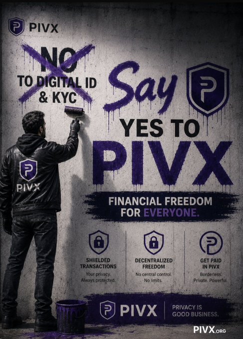 A PIVX cryptocurrency advertisement showing a person spray-painting a wall with the message 'NO TO DIGITAL ID & KYC' and 'Say YES to PIVX - FINANCIAL FREEDOM FOR EVERYONE', highlighting shielded transactions, decentralized freedom, and borderless payments.