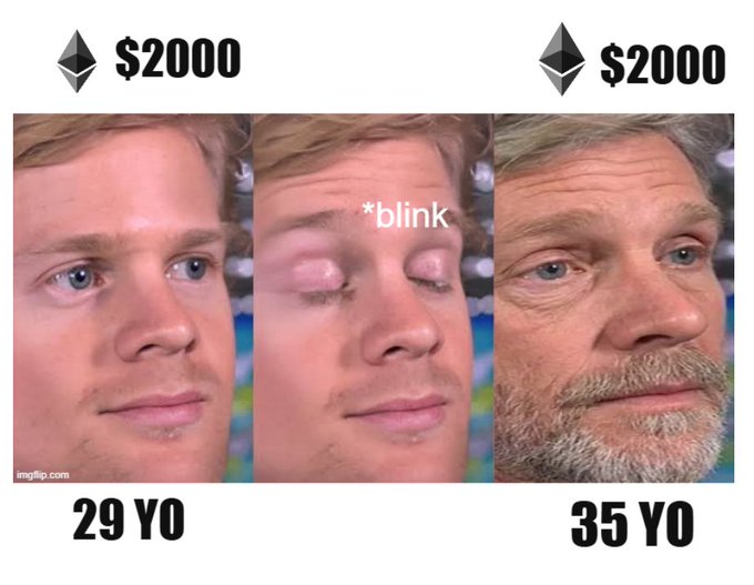 A meme showing side-by-side photos comparing a man's face at 29 years old to 35 years old, labeled with Ethereum logos and '$2000' at each age.