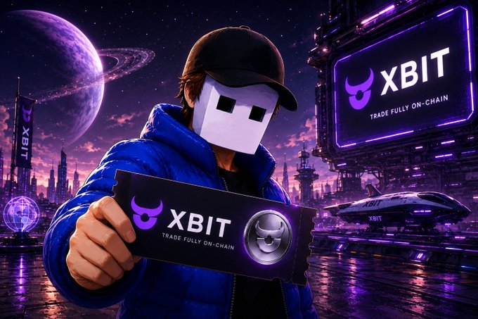 Promotional image for 'XBIT - TRADE FULLY ON-CHAIN' featuring a masked figure in a blue jacket holding an XBIT token card against a neon purple sci-fi cityscape.