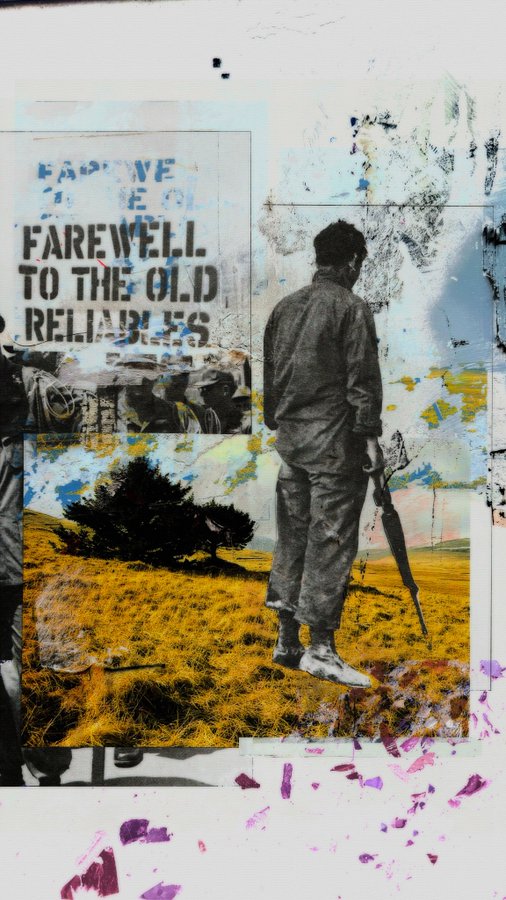 A mixed-media collage featuring a black-and-white figure of a man holding a rifle, standing in a yellow grassy field with a dark bush, accompanied by stenciled text reading "FAREWELL TO THE OLD RELIABLES" and splashes of pink paint at the bottom.