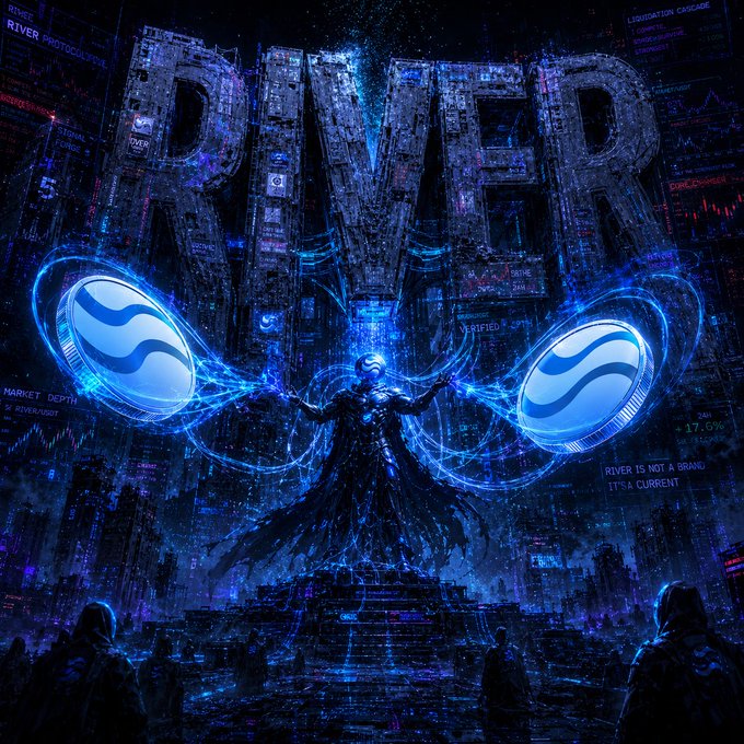 urns of water and blue spheres are suspended from the ceiling, with a large "R" sign above them, creating an immersive digital art piece.