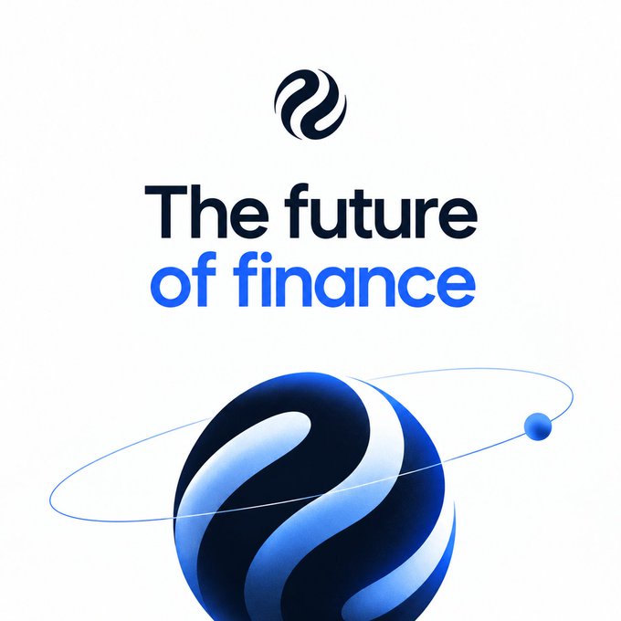 A promotional graphic with a white background displaying the text "The future of finance" above a stylized, glossy blue spherical logo with rings around it, resembling a planet.