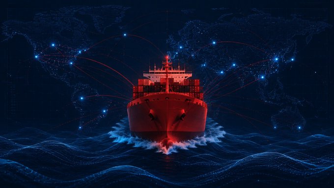 A cargo ship sails through dark digital waves against a world map backdrop, with red connection lines radiating from the vessel to glowing nodes across the globe. The imagery reinforces the post's message by visualizing how shipping serves as the core infrastructure of EthraShip's global network, not just a thematic choice.