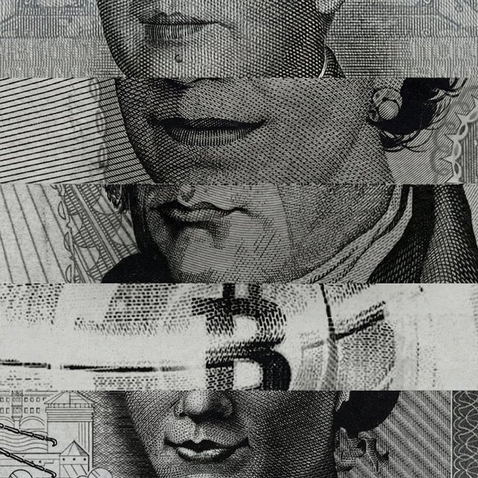 A black-and-white collage composed of horizontal strips featuring detailed portraits of faces, including lips, a mustache, a nose, and partial features, with currency-like patterns in the background.