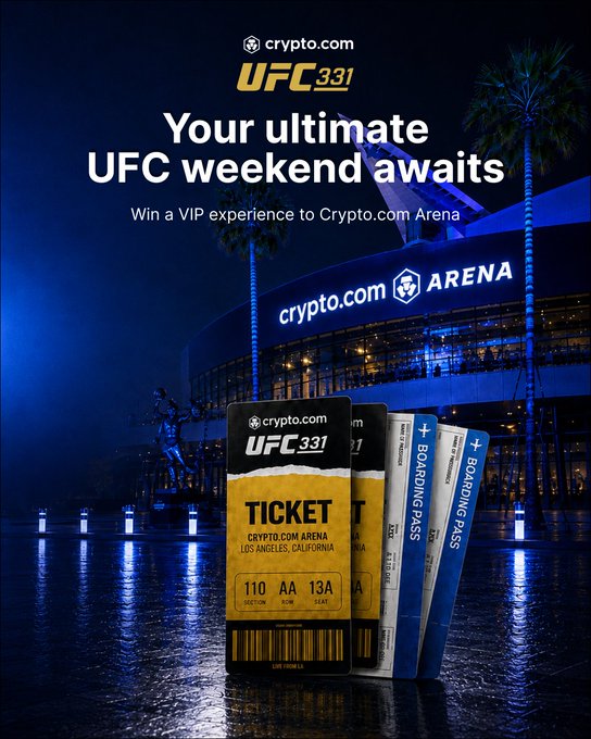 Crypto.com Arena is shown lit up at night alongside UFC 331 tickets and "Boarding Pass" entry perks, promoting a giveaway for a VIP experience at UFC 331. The image supports the post's invitation to join for the Van vs Pantoja 2 fight by showcasing the prizes available—event tickets and exclusive passes to the Los Angeles venue.