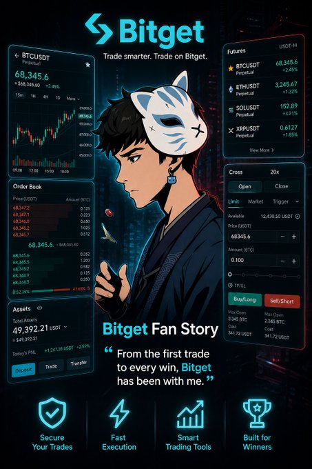 A Bitget cryptocurrency promotional graphic titled 'Bitget Fan Story' showing BTCUSDT at 68,345.6, order books, futures markets including ETHUSDT, SOLUSDT, and XRPUSDT, alongside an anime character wearing a tiger mask.
