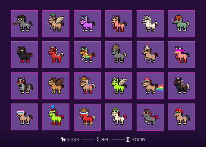A grid of 24 pixel art unicorn/pony character icons with various accessories and colors on purple backgrounds, with "3,333" supply and "SOON" text at the bottom.
