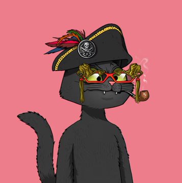 A cartoon illustration of a black cat dressed as a pirate, wearing a black tricorn hat with skull emblem and feathers, red glasses, and smoking a pipe with gold tassels, set against a pink background.