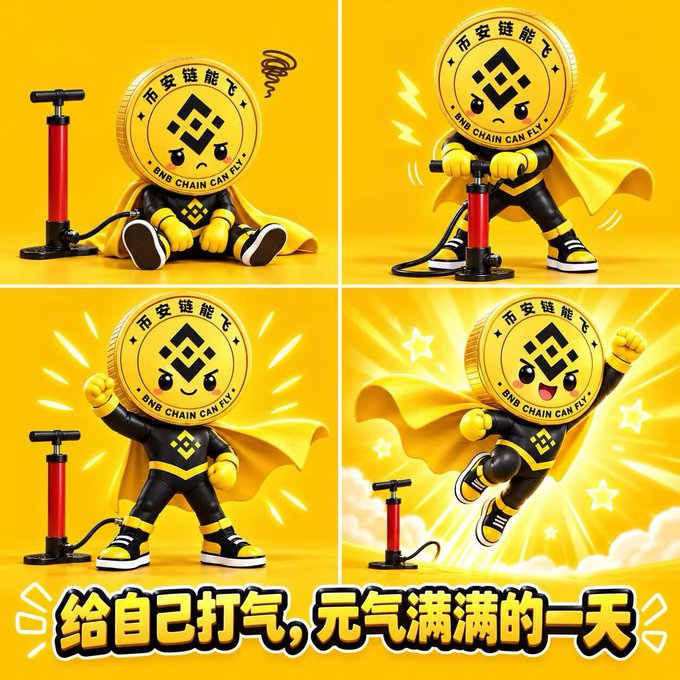 A four-panel illustration of a cute BNB (Binance) coin mascot dressed as a superhero with a yellow cape, pumping air and flying, with 'BNB CHAIN CAN FLY' text and Chinese characters '给自己打气,元气满满的一天'.
