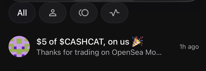 A notification from OpenSea reads "$5 of $CASHCAT, on us 🎉 Thanks for trading on OpenSea Mo..." showing a promotional reward given to users who have traded the $CASHCAT token, as referenced in the accompanying post.