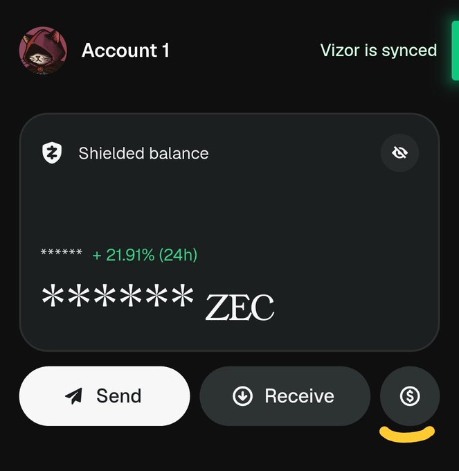 The image shows the Vizor Wallet app interface displaying "Account 1" with a shielded ZEC balance showing a +21.91% (24h) gain, alongside Send, Receive, and a swap button—illustrating the recommended wallet for storing ZEC privately. The interface reinforces the post's message about using Zcash's privacy features, showing a synced Vizor account with a hidden balance to demonstrate the "private Swiss account" concept.