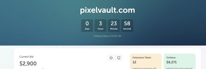 A screenshot of the PixelVault.com domain auction shows it ending today at 10:00 AM with 3 hours remaining, a current bid of $2,900, 12 extensions taken, and a GoValue estimate of $6,271. The image visually supports the post's commentary about the domain being up for auction and its potential long-term value, highlighting the 3-hour time pressure mentioned in the caption.