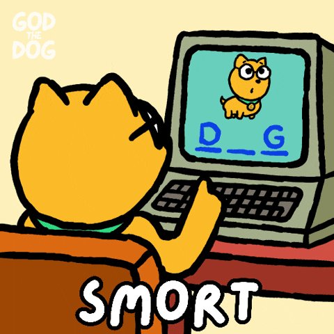 The image features a cartoon cat sitting at a desk with a computer monitor displaying an image of a dog, accompanied by text that reads "smrt". The cat appears to be pointing at the screen while looking directly at the viewer. The post also mentions other abstract art pieces and coins related to the "god the dog" series.