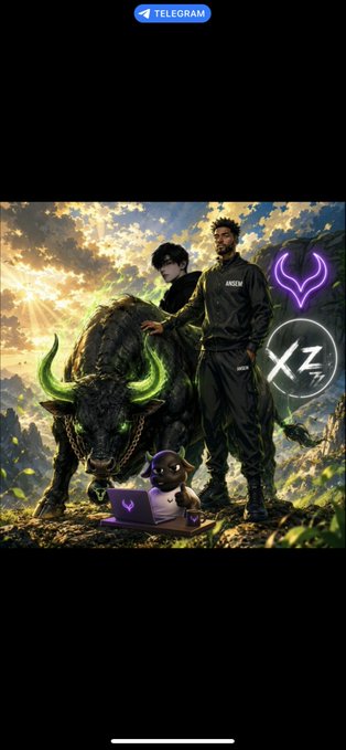 A Telegram-shared image showing two men standing with a glowing green-horned bull and a small character with a purple laptop, alongside purple XZ and horned logos.