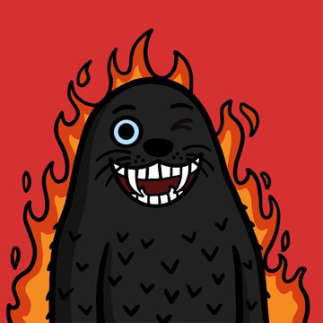 A cartoon illustration shows a black seal-like creature with sharp teeth and one large blue eye, smiling against a red background with orange flames.