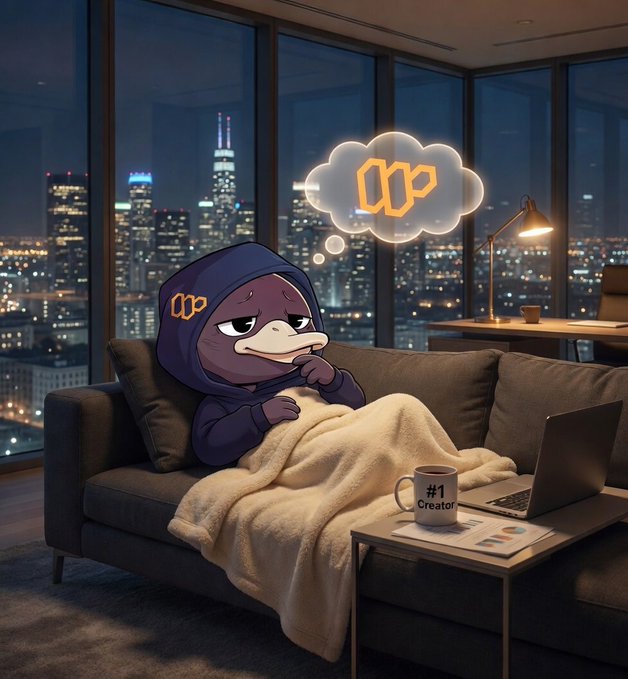The image features a cartoon duck sitting comfortably on a couch with a cup of coffee next to it. The duck has a thought bubble above its head containing the text "ooP" which could be interpreted as an idea or concept related to consistency, persistence, or a specific topic. The overall scene suggests that the duck is contemplating and pondering over this idea while enjoying a warm beverage on a cozy couch in front of a window overlooking a city skyline at night.