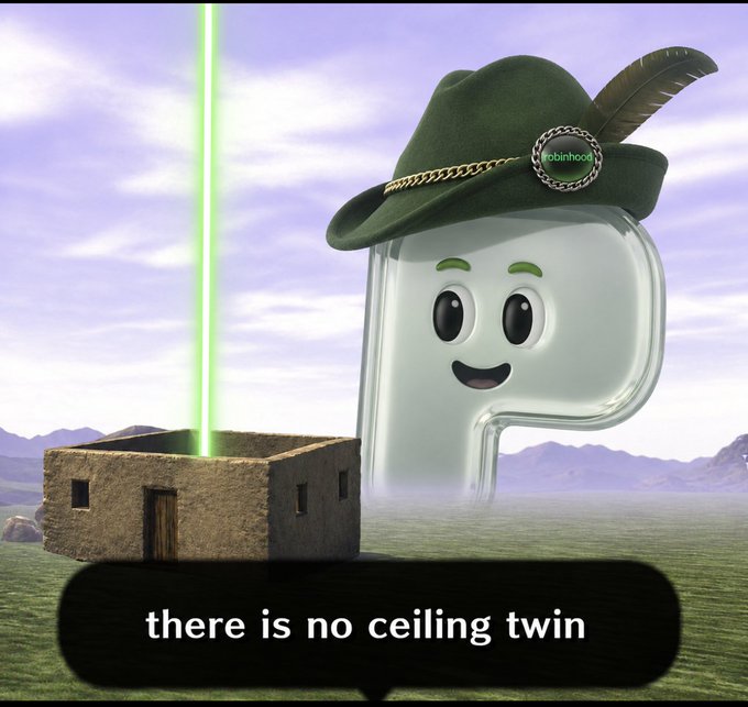 A meme featuring a cartoon ghost wearing a green Robinhood-branded Tyrolean hat, standing next to a small stone building with a green laser beam shooting up from it, captioned 'there is no ceiling twin'.