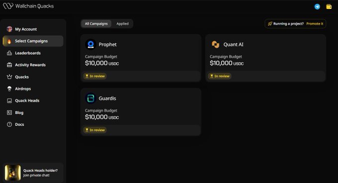 The image presents a dashboard view of a computer program displaying two campaign options that can be used for marketing purposes, possibly for a company or organization. One of the campaigns is named "gQuack" while the other name appears to be "wallchain". The dashboard also includes several other features such as a leaderboards section showcasing user activities and rewards. The post suggests that these campaigns have been already live for users and emphasizes how these campaigns can help in building the brand's first contract with the audience.