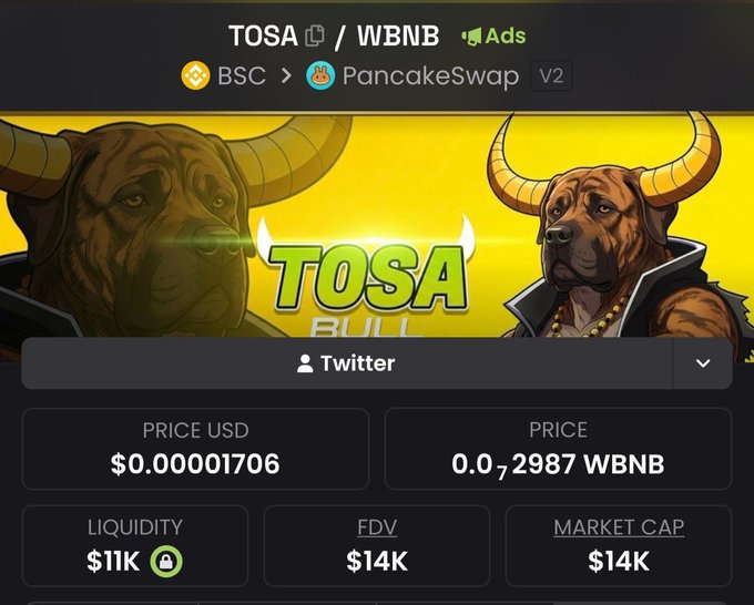 Cryptocurrency token page for 'TOSA' on PancakeSwap V2 (BSC/WBNB pair), featuring a yellow banner with cartoon bull illustrations, priced at $0.00001706 with $11K liquidity and $14K market cap.