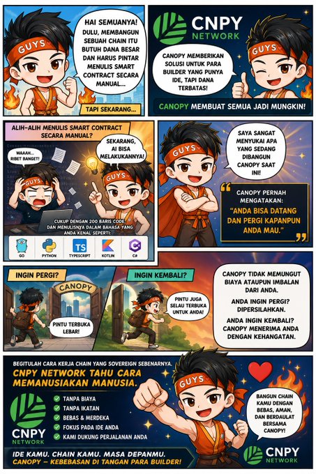 The image is a comic-style promotional infographic for CNPY Network, featuring a chibi mascot in a headband and martial arts outfit who explains that Canopy simplifies chain-building by eliminating the need for manual smart contract coding (listing languages like Solidity, Rust, Python, TypeScript, and C#) and offers free entry and exit with no fees. The post's enthusiasm about Canopy's accessibility and support for builders aligns with the comic's message of making blockchain development easy without requiring large funds or coding expertise.