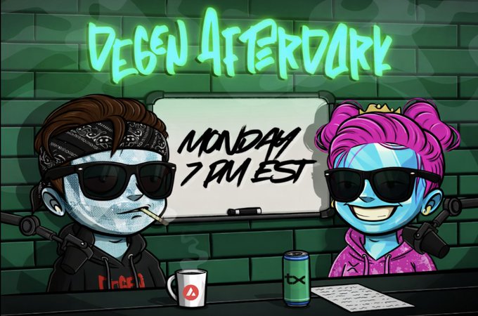 The image features two cartoon characters sitting at a table with drinks and papers around them. The text "Degen Afterdark" is written above the characters, indicating that they are participating in an event related to gaming or streaming. The characters appear to be wearing sunglasses and have a serious expression on their faces as they engage in conversation.