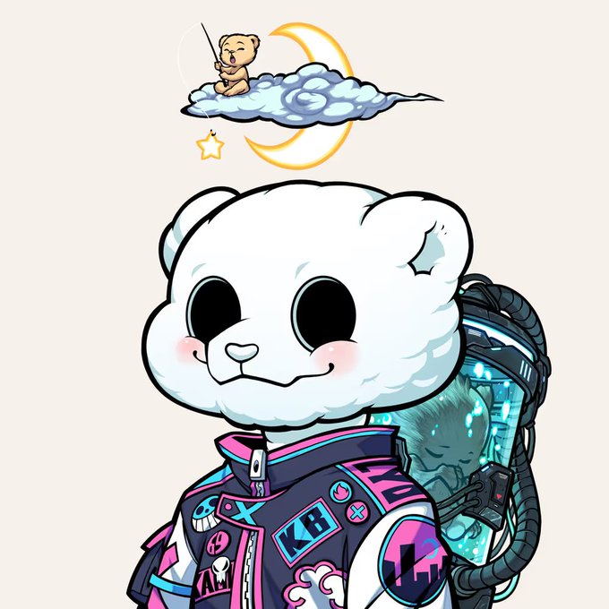 A cartoon illustration of a white bear character in a cyberpunk jacket with 'KB' patches, featuring a tank containing a sleeping figure on its back and a thought bubble showing a teddy bear fishing from a crescent moon cloud.