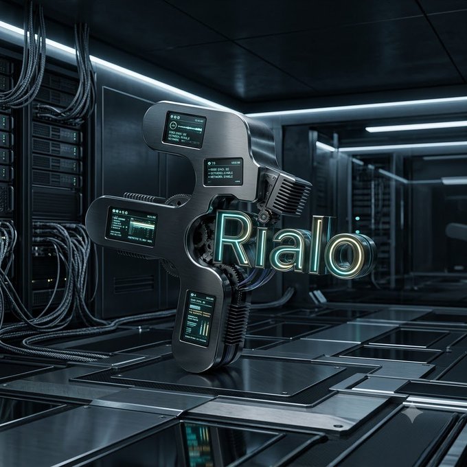 A futuristic, sci-fi 3D render showing a metallic mechanical device with digital screens, set in a server room, with the word 'Rialo' glowing in neon text.
