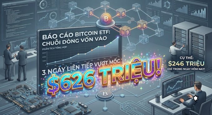A promotional graphic in Vietnamese about a Bitcoin ETF report, displaying 'BÁO CÁO BITCOIN ETF: CHUỖI DÒNG VÔN VÀO' and highlighting '$626 TRIỆU!' over 3 consecutive days, with '$246 TRIỆU' specifically on the day of report.