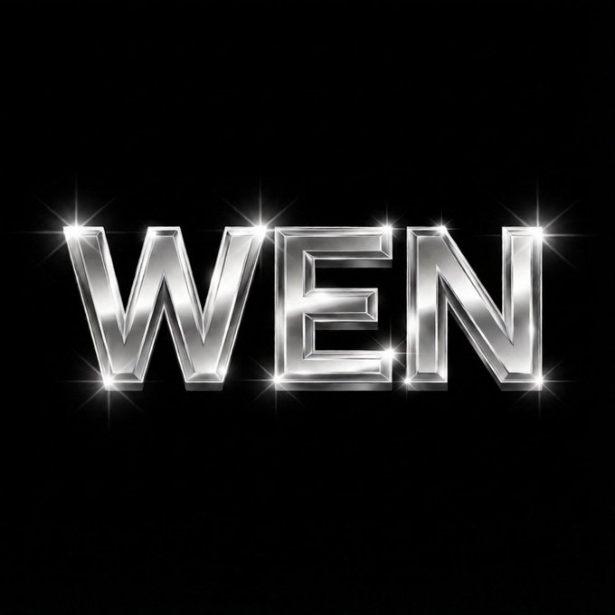 The word 'WEN' rendered in shiny, chrome-like 3D letters with starburst sparkle effects against a solid black background.