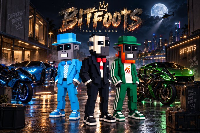 A promotional graphic for 'BITFOOTS' NFT collection showing three pixel-art characters (one in blue, one in a tuxedo, one in green) standing on a wet city street at night with luxury cars and motorcycles.