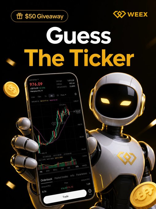 A sleek robot mascot holds a smartphone displaying a trading chart with the ticker price 976.09, promoting a "Guess The Ticker" $50 USDT giveaway by WEEX, where participants are challenged to identify the stock ticker starting with "$M_" and share their guesses in the comments.