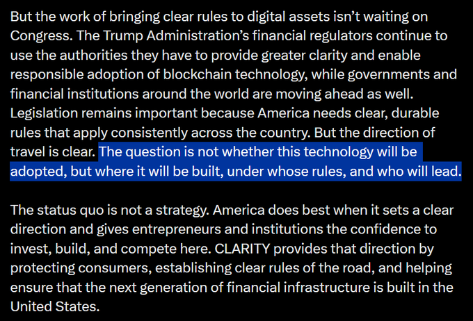 The image displays a text excerpt about digital asset regulation and blockchain technology adoption, with a highlighted sentence reading: "The question is not whether this technology will be adopted, but where it will be built, under whose rules, and who will lead."

This passage reinforces the post's argument that blockchain/digital asset technology is inevitable, emphasizing that adoption will happen regardless of congressional delays—the only uncertainty is where and under whose regulatory framework it will develop.