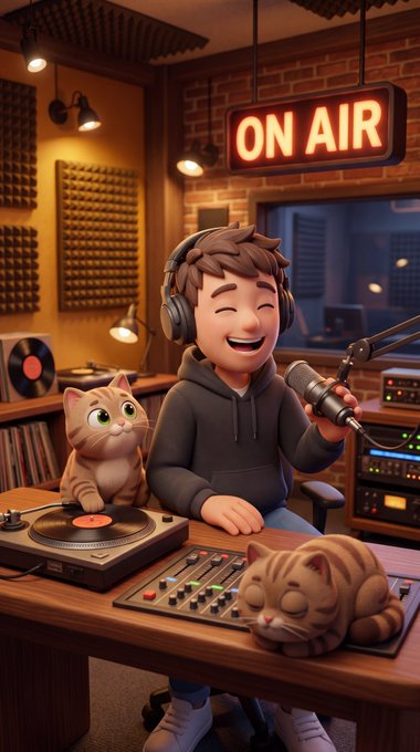 A Pixar-style 3D illustration of a smiling young man with headphones broadcasting in a studio with an 'ON AIR' sign, accompanied by two cats near a turntable and mixing console.