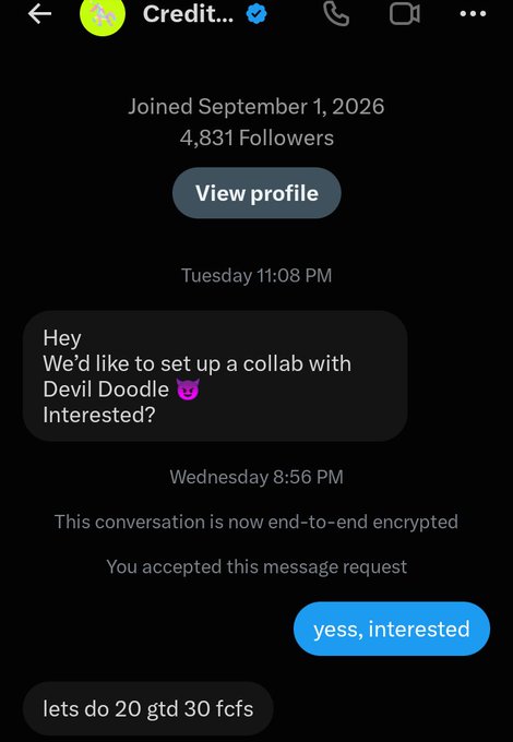 A Twitter/X direct message conversation from 'Credit...' offering a collab with Devil Doodle, with the reply 'yess, interested' and proposed terms 'lets do 20 gtd 30 fcfs'.
