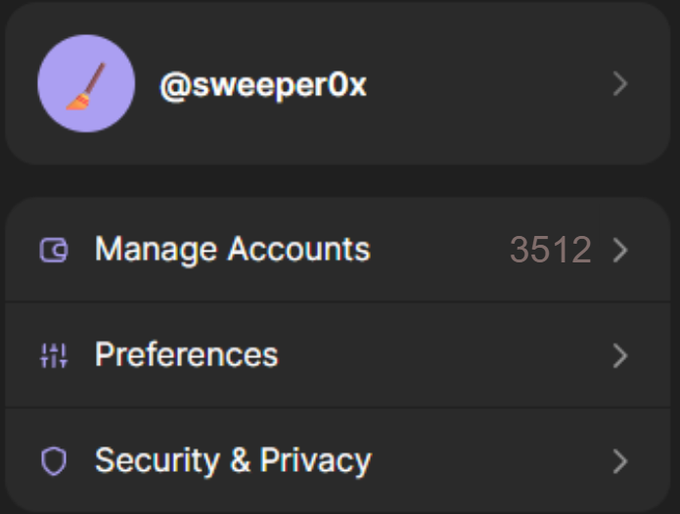 A user settings menu displays the handle "@sweeper0x" alongside options to "Manage Accounts" (showing 3512 accounts), "Preferences," and "Security & Privacy." The high account count suggests the user is prepared to receive tokens across multiple wallets in a potential airdrop.