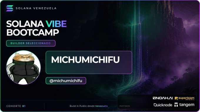 The image features a poster for a bootcamp called Solana Vibe Bootcamp, which is being held by Solana Venezuela. The poster includes a photo of an orange cat wearing a black jacket with the text "Michumichifu" on it. The poster also displays information about the bootcamp and mentions that it's available in Spanish.