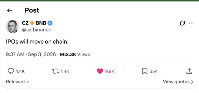 A tweet by CZ BNB (@cz_binance) stating 'IPOs will move on chain.', posted at 9:37 AM on Sep 8, 2026 with 963.3K views.