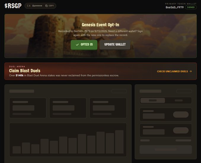 Screenshot of a crypto dashboard for '$RSGP' showing a 'Genesis Event Opt-In' confirmation for wallet 0xe56D...f979 signed on 9/15/2026, with an 'OPTED IN' button, a 'Duel Arena' section about claiming over $140k in Blast Duel stakes, and a partially loaded interface with placeholder boxes.